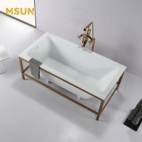 Europe hot selling solid surface soaking tubs rectangular freestanding bathtub with metal shelf